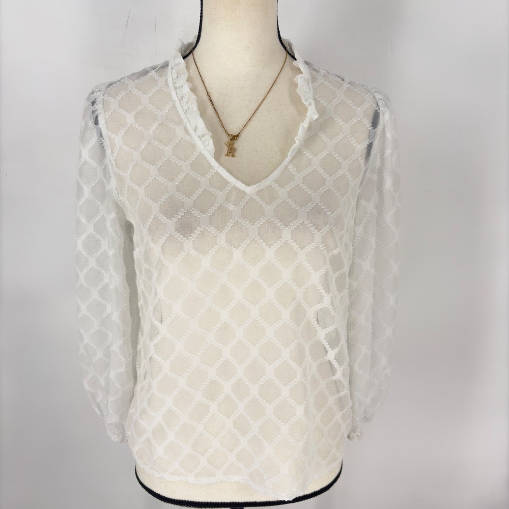 Banana Republic‎ White Sheer Textured Blouse Ruffle V Neck Long Sleeve XS